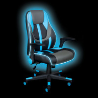 OSP Home Furnishings OUT25-BLU Output Gaming Chair in Black Faux Leather with Blue Trim and Accents with Controllable RGB LED Light piping.